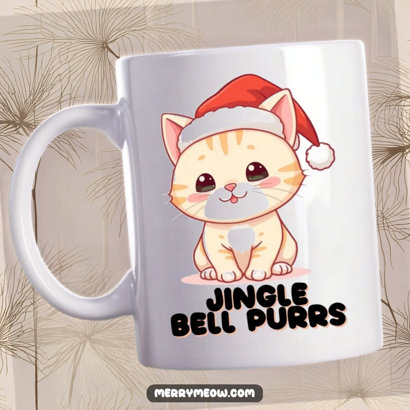 Funny mug featuring a cute Christmas cat character wearing a tiny Santa hat, spreading holiday cheer.