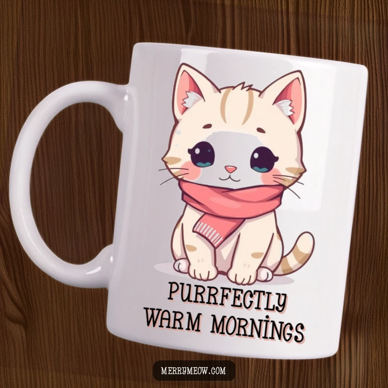 Funny Mug: Adorable cat wearing a tiny scarf, looking incredibly cozy and content, radiating warmth and humor.