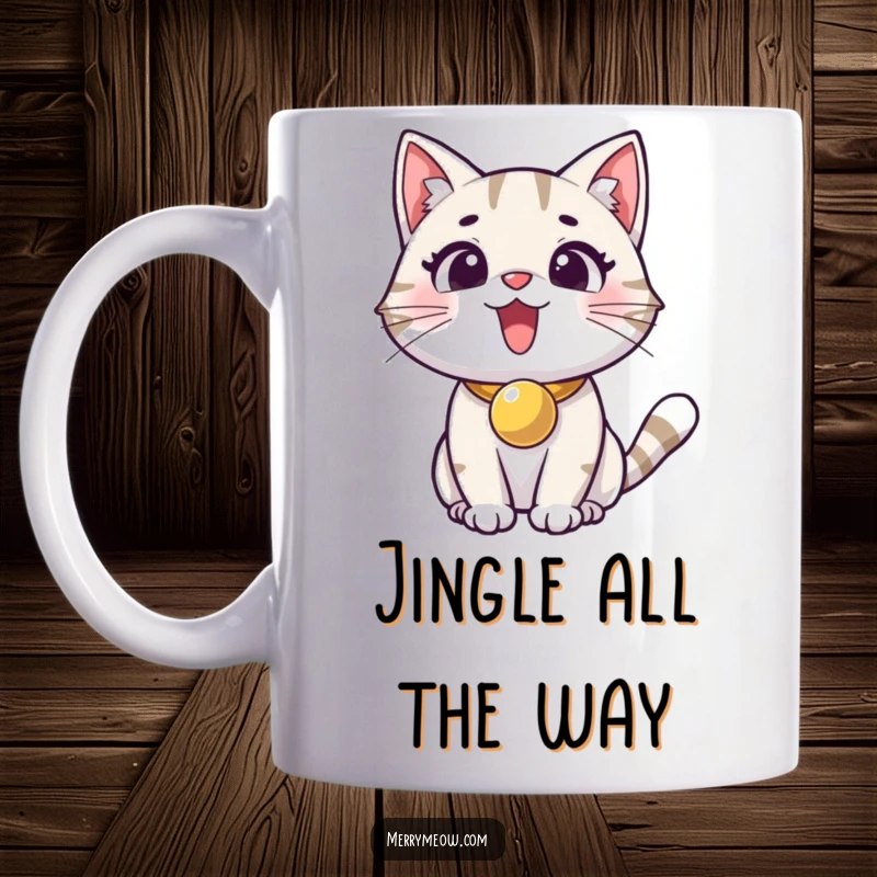 Funny mug featuring an excited cat with a jingle bell collar, radiating pure joy and playful energy.