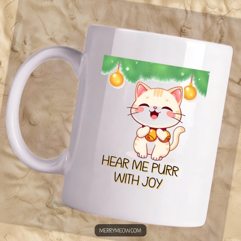 Funny Kawaii Cat Mug featuring a cute cat with jingle bells on its tail, wagging happily, evoking festive joy.
