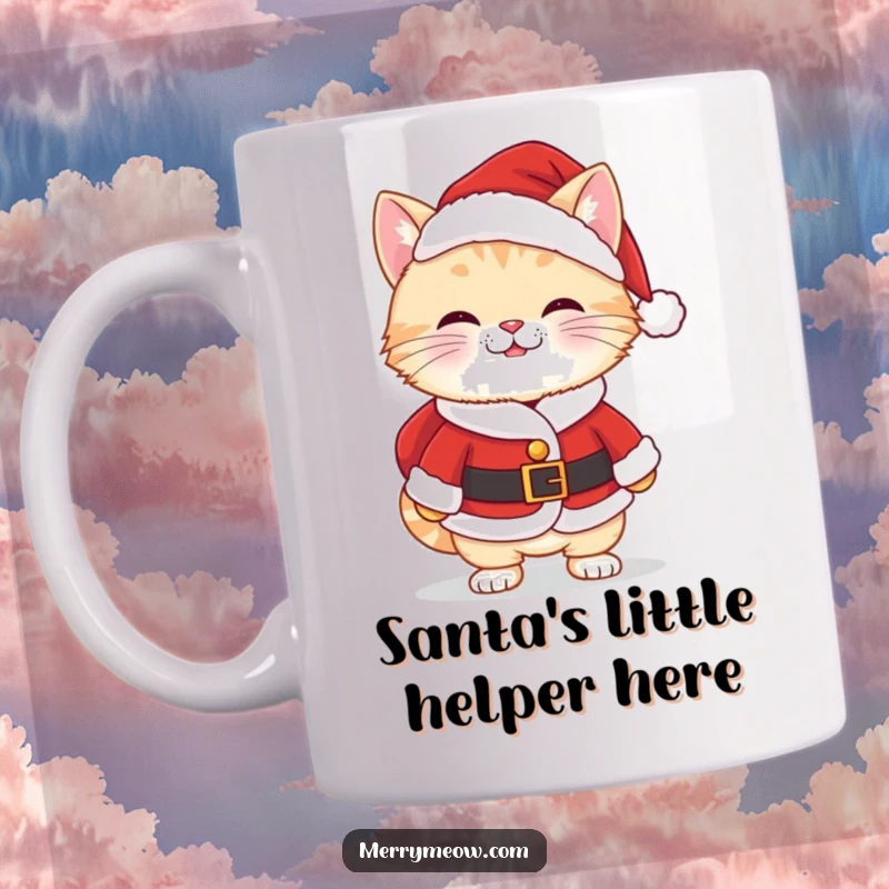 Funny Kawaii Santa Cat Mug featuring a cute cat in a tiny Santa suit with a mischievous, cheeky grin, spreading holiday joy.