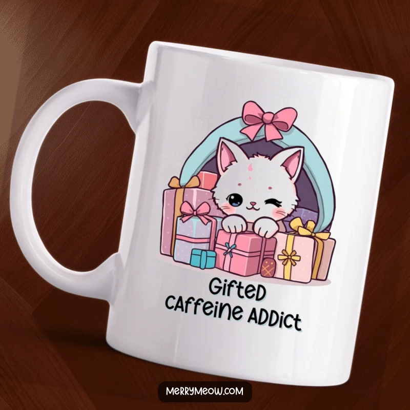 Funny present cat mug showing a sneaky cat peeking out from under a large pile of colorful Christmas gifts.