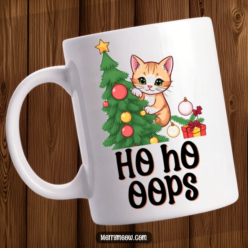 Funny mug depicting a mischievous cat sneakily climbing a decorated Christmas tree, full of holiday excitement and playful trouble.