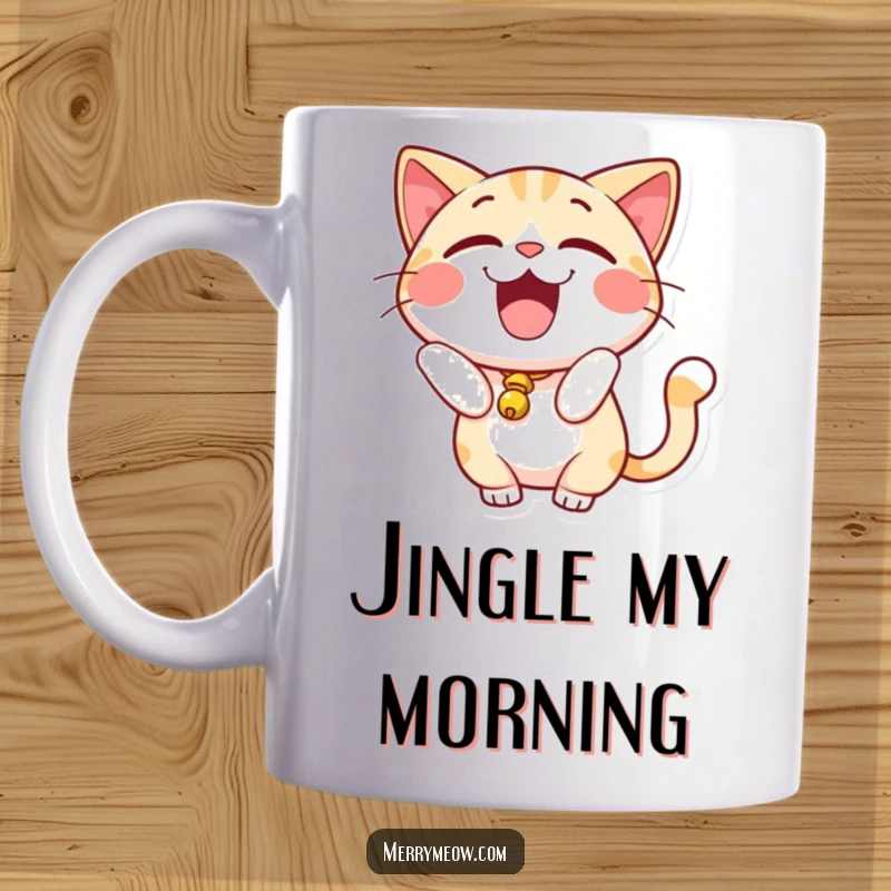 Funny Mug: An excited cat character with a tiny bell on its tail, mid-pounce, radiating energetic joy.