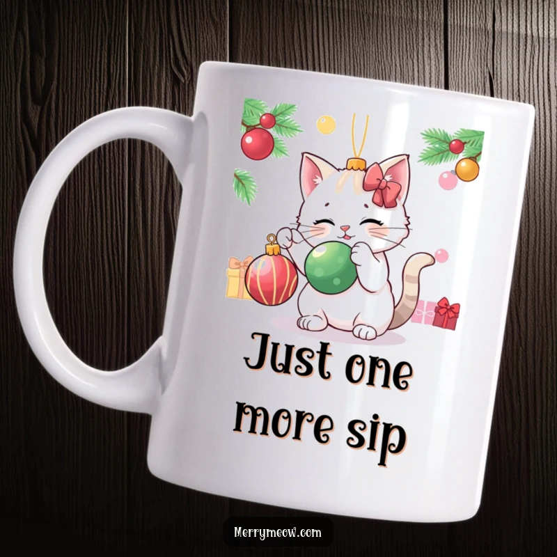 Funny cat character playfully batting a shiny Christmas ornament, captured in a moment of festive mischief.