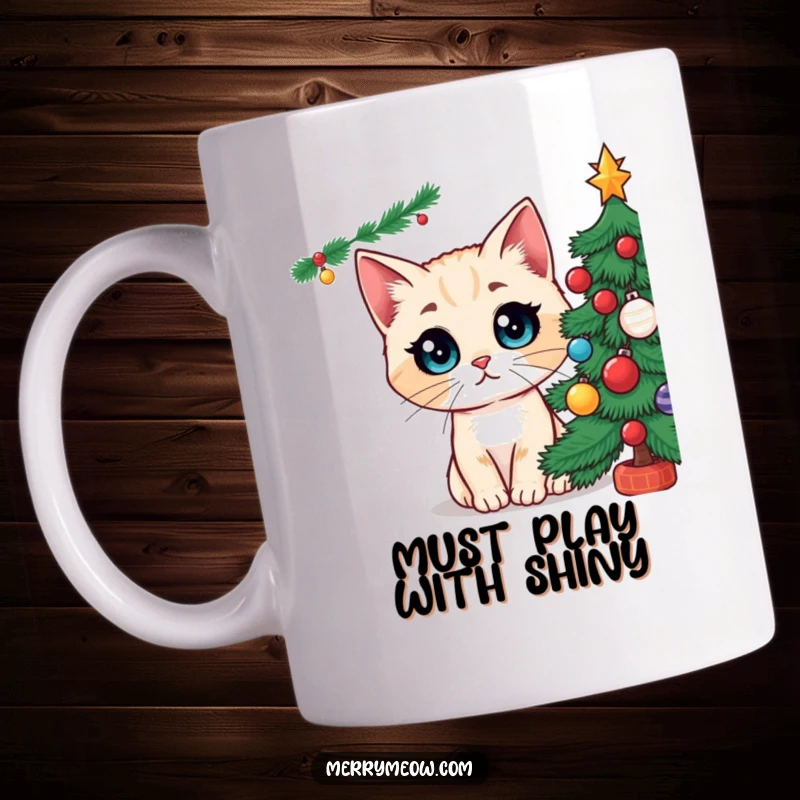 Funny mug featuring a cat character with comically wide, amazed eyes staring up at a glittering, decorated Christmas tree, brimming with festive curiosity.