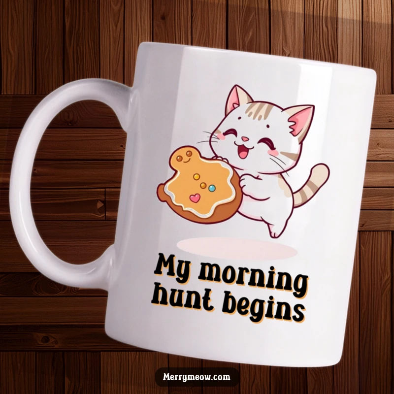 Funny Kawaii Cat Mug showing a cute cat excitedly pouncing on a rolling gingerbread cookie, evoking playful holiday spirit.