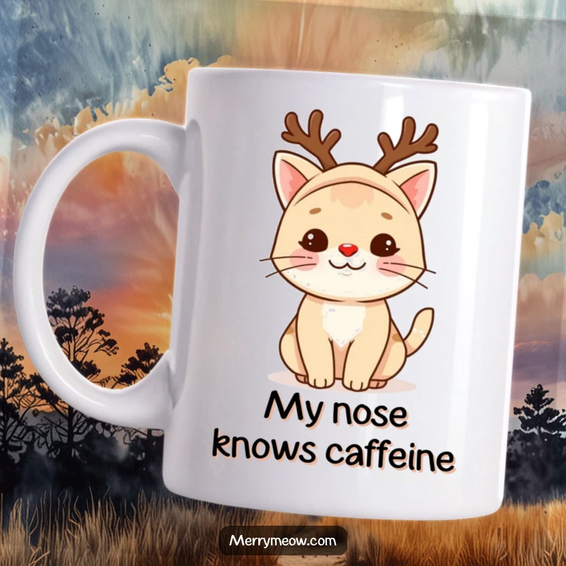Funny reindeer cat mug featuring a playful cat in a festive costume with a bright red nose, ready for Christmas fun.
