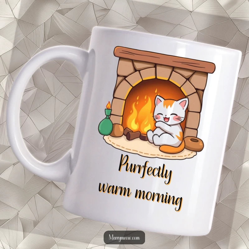 Funny mug of a joyful cat character blissfully curled up asleep by a crackling, warm fireplace, radiating pure contentment and cozy vibes.