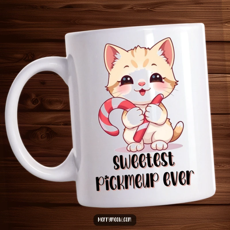 Funny Mug: A playful kitten holding a candy cane with immense glee and excitement, a sweet and funny gift.