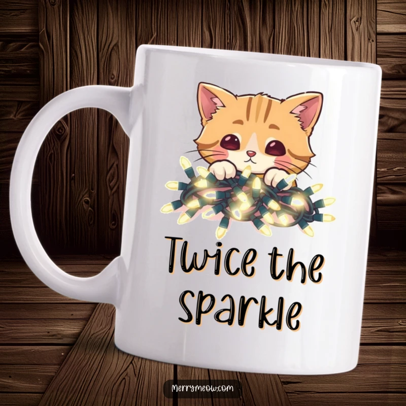 Funny Christmas mug with a cat peeking over a pile of colorful, glowing Christmas lights, adding festive charm.
