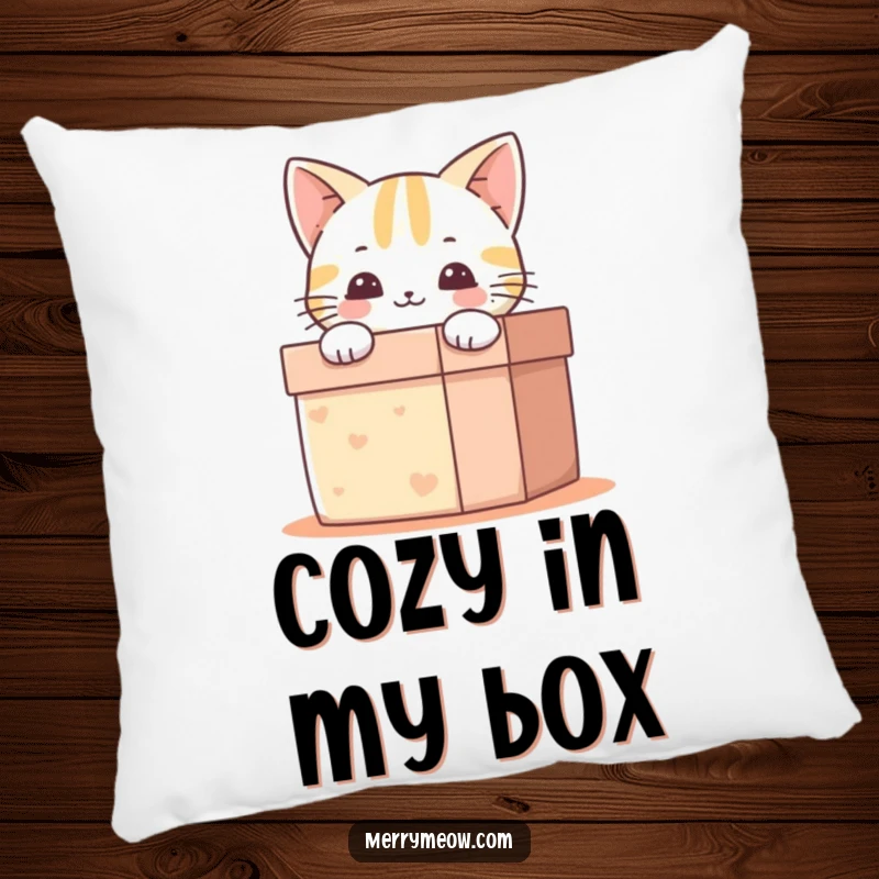 Funny Pillow: A happy cat peeks from a gift box, adding a touch of joy and cuteness to any sofa.
