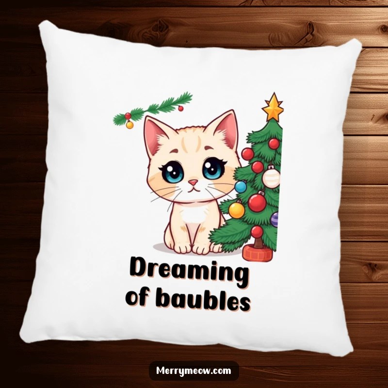 Funny pillow with a depiction of a cat character sporting comically wide eyes, gazing in awe at a beautifully decorated Christmas tree, perfect for festive coziness.