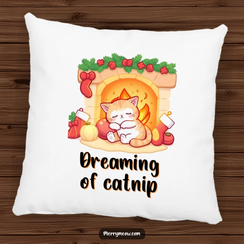 Funny sleepy cat dozing by a warm fireplace with Christmas stockings, depicted on a plush decorative pillow.