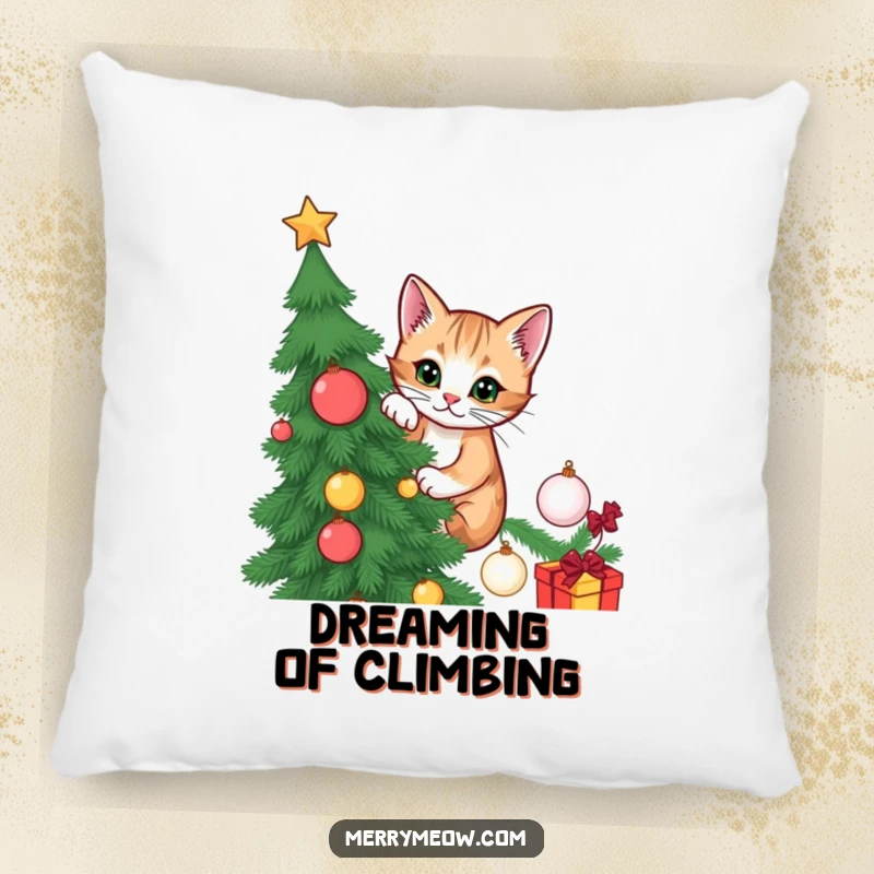 Funny pillow showcasing a mischievous cat climbing a Christmas tree, perfect for adding holiday cheer and comfort.