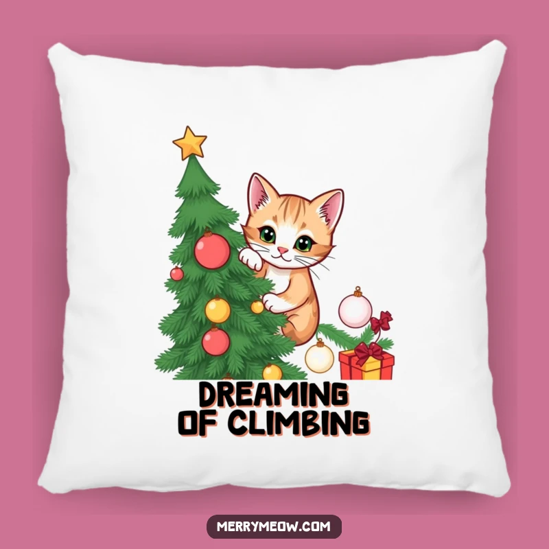 Funny Cat Christmas Tree Pillow: Festive comfort with a mischievous climber, a great funny gift.