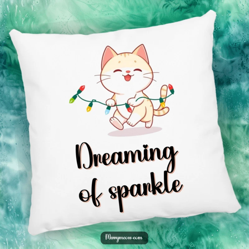 Funny cat playfully chasing Christmas lights on a soft pillow, adding festive humor.