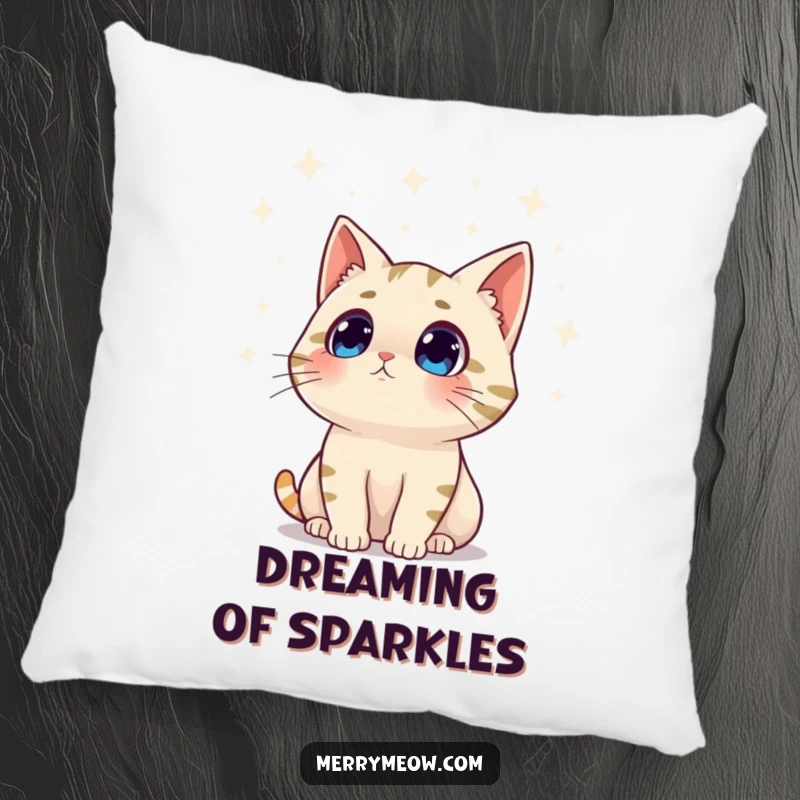 Funny pillow depicting a surprised cat character looking up in awe at twinkling lights, offering comfort and holiday amusement.