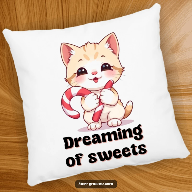 Funny Pillow: A soft cushion featuring a kitten with a candy cane, radiating glee and holiday cheer, an ideal funny gift.