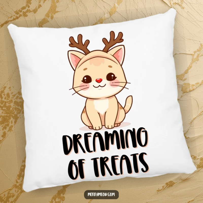 Funny reindeer cat pillow featuring a whimsical cat in festive reindeer gear, its red nose adding a pop of color.