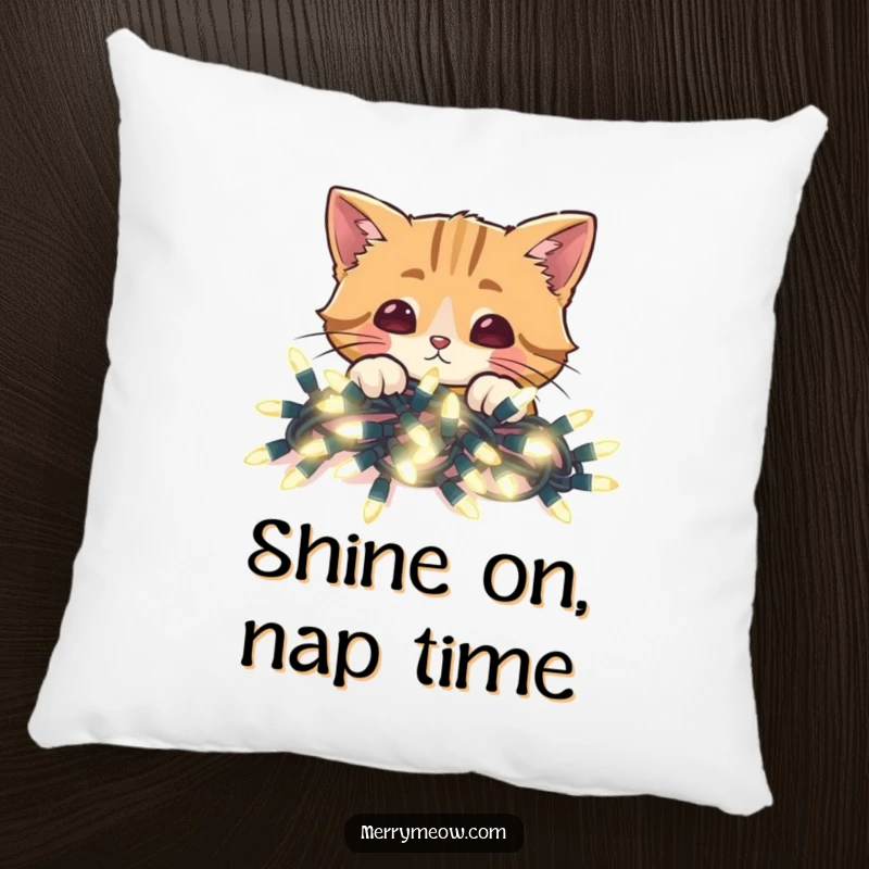 Funny decorative pillow with a cat peeking over bright Christmas lights, adding a cozy holiday touch.