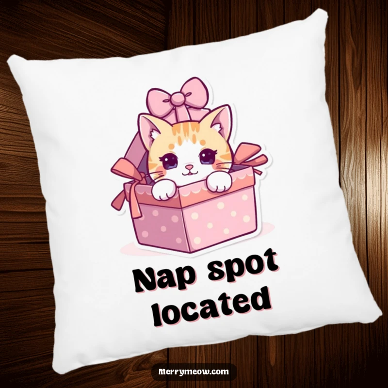 Funny cat peeking out of a gift box on a soft pillow, adding humorous comfort.