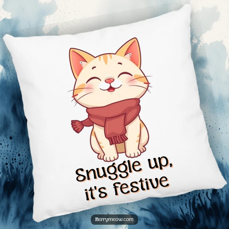 Funny pillow depicting a giggling cat character adorned with a festive scarf, offering comfort and holiday amusement.