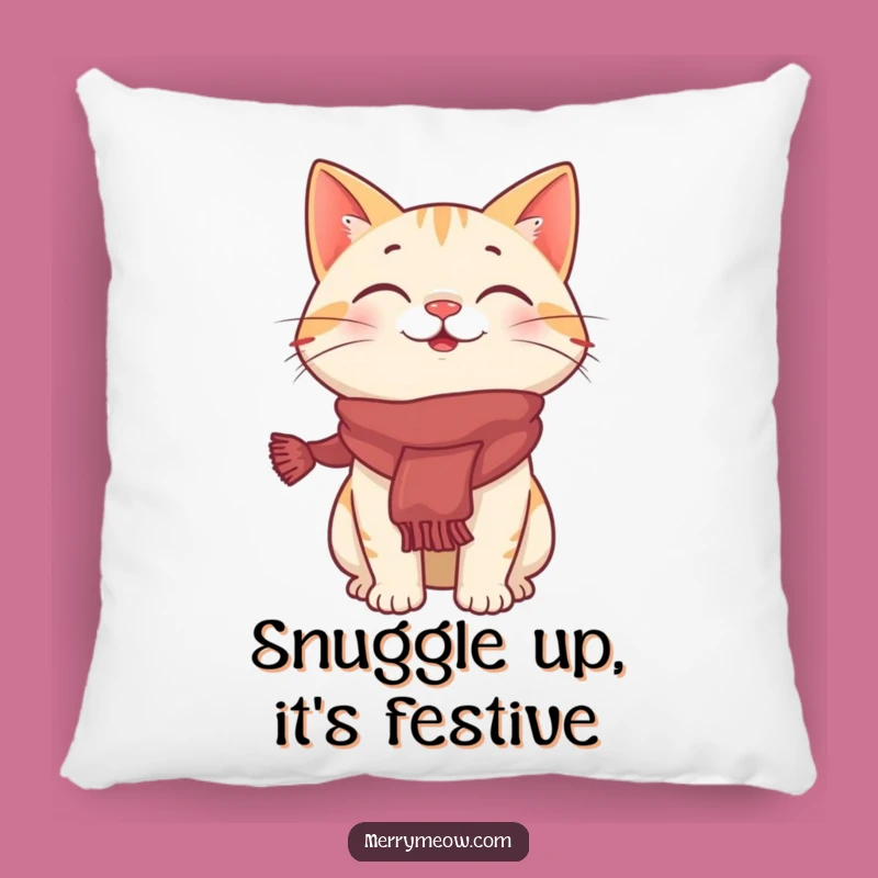 Funny Giggling Cat Festive Scarf Pillow, Cozy Holiday Comfort Gift