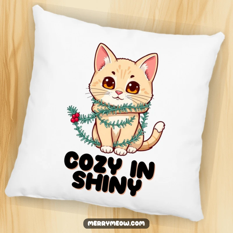 Funny pillow featuring a cat character humorously wrapped in festive tinsel, adding a soft, hilarious touch to home decor.