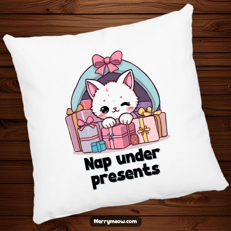 Funny present cat pillow featuring a mischievous cat peeking from under a pile of colorful presents, great for festive decor.