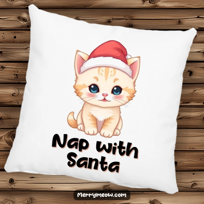 Funny kawaii kitten pillow, wearing a tiny Santa hat, offering comfort and a festive, adorable touch to any seating area.