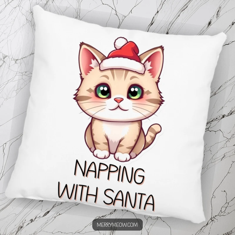 Funny cat character with a miniature Santa hat, designed as a soft and comforting pillow.