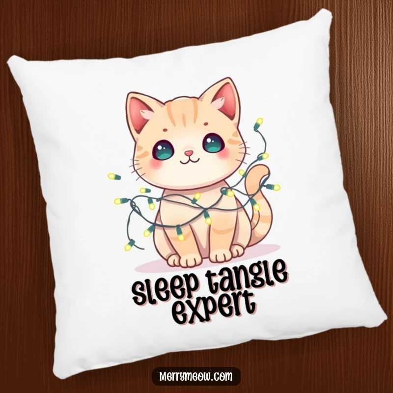 Funny kawaii cat pillow with tangled fairy lights, offering soft comfort and festive charm.