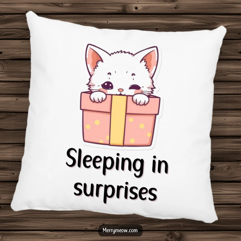 Funny pillow featuring a cute kitten peeking out of a gift box, perfect for adding a touch of adorable comfort.