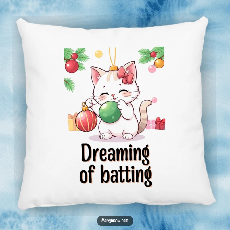 Funny cat character playfully batting a Christmas ornament, designed as a soft and comfortable pillow.