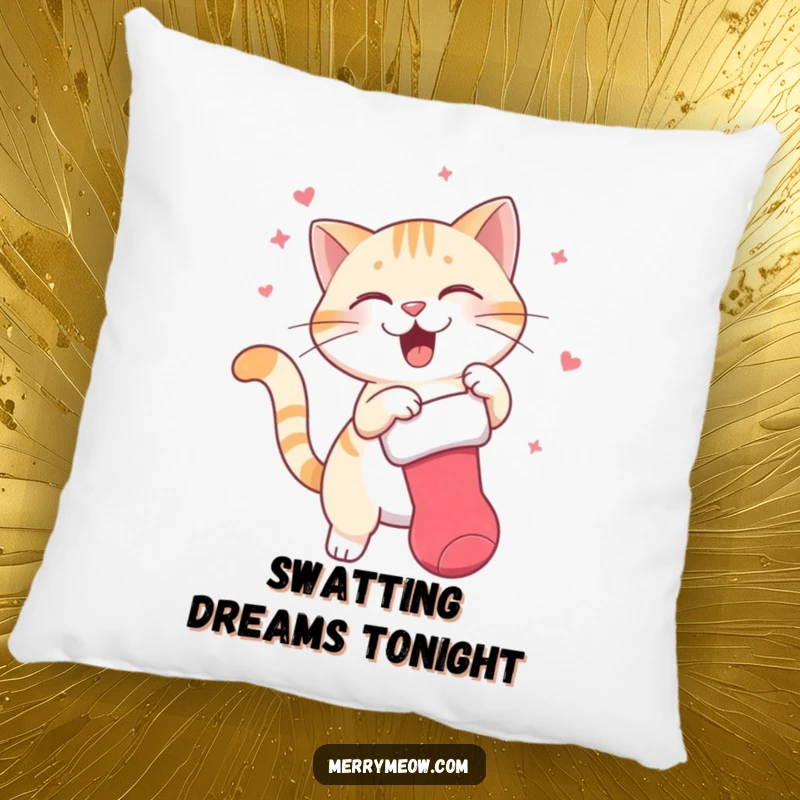 Funny pillow with a depiction of a cat character gleefully swatting at a dangling Christmas stocking, adding a playful and humorous touch to any room.