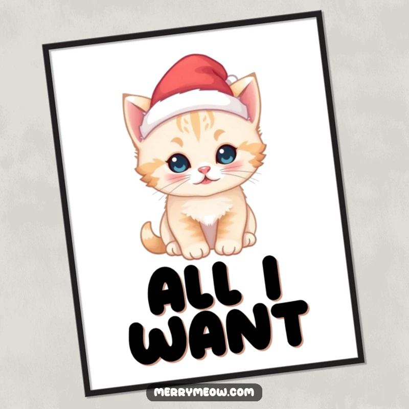 Funny kawaii kitten digital art print, wearing a tiny Santa hat, perfect for instant holiday decoration and spreading Christmas cheer.