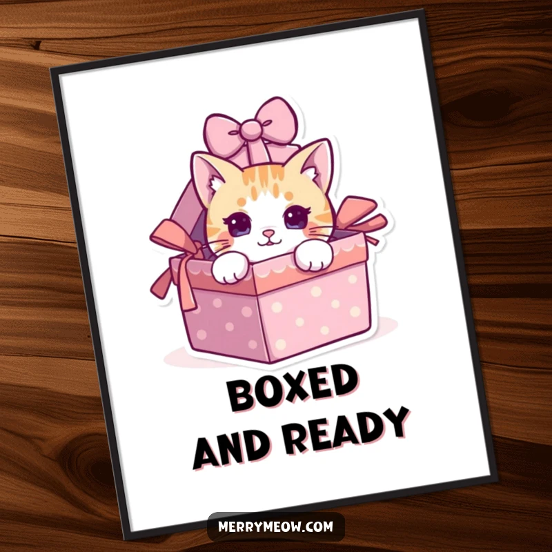 Funny cat peeking from a gift box as a digital art print, for instant humorous decor.
