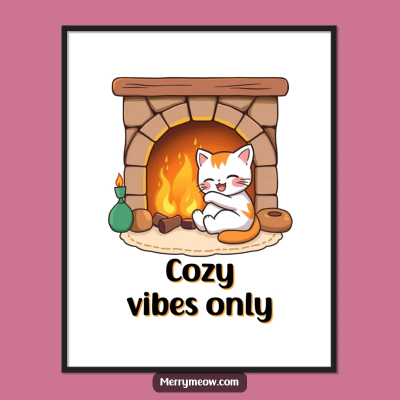 Funny Joyful Cat Fireplace Digital Art Print, a Whimsical Decor Gift for Cat Lovers