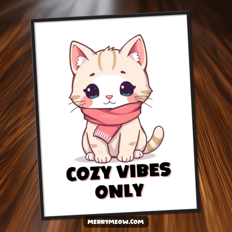 Funny Digital Art: A cozy cat in a tiny scarf, radiating warmth and humor, perfect for instant wall art and funny gifts.