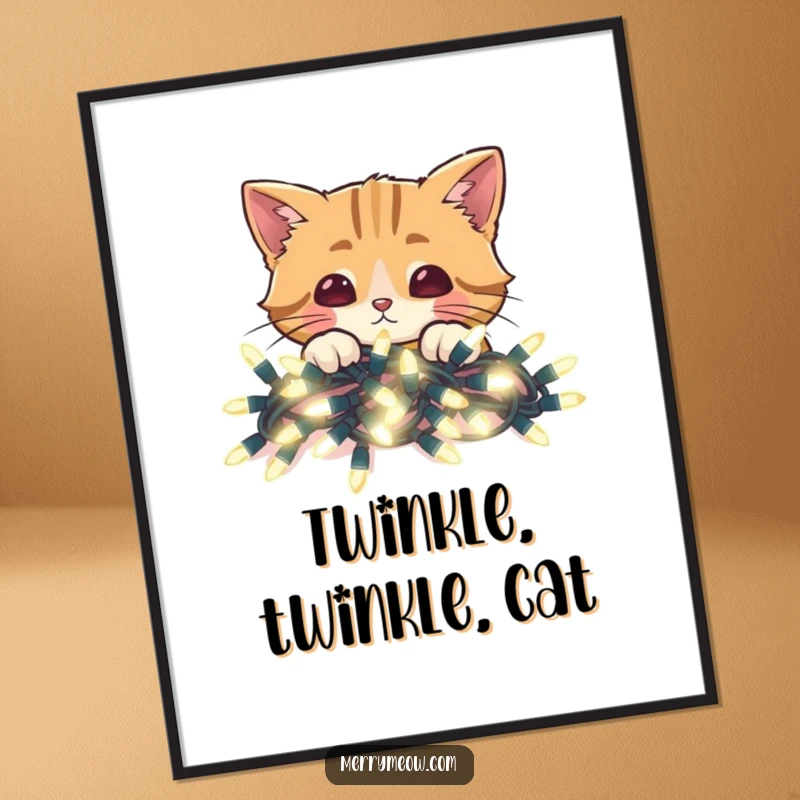 Funny digital art print of a cat peeking over bright Christmas lights, ideal for instant festive home decor.
