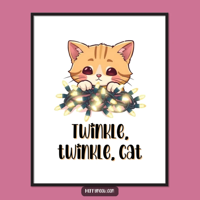 Funny Cat Christmas Lights Digital Art: Festive Peek-a-Boo Print Gift