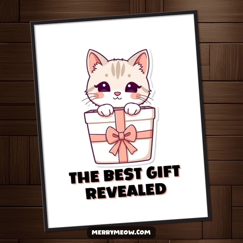 Funny digital art print of a curious cat emerging from a gift box, adding instant charm and feline personality.