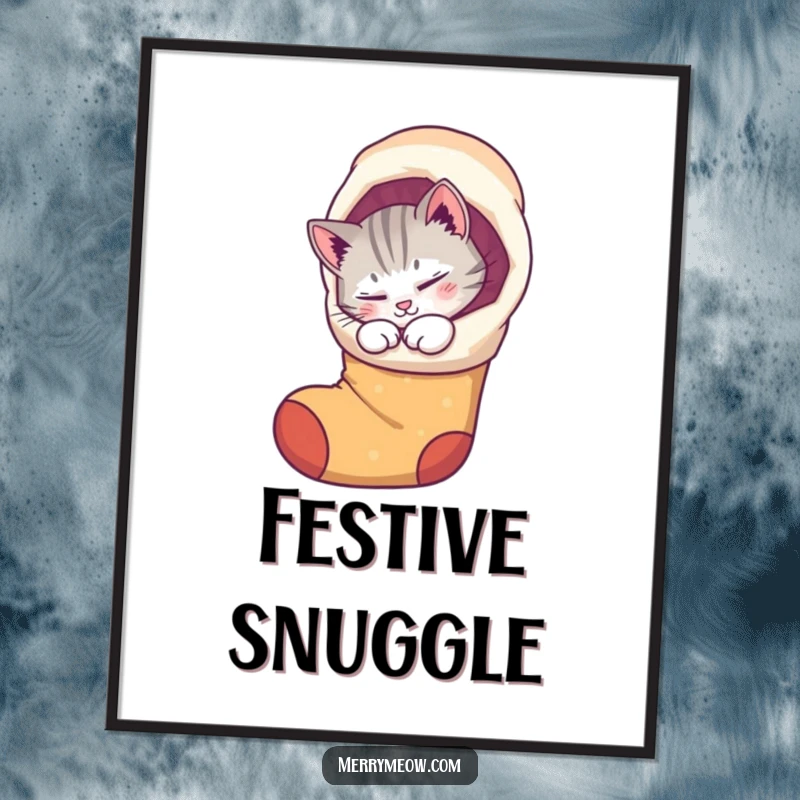 Funny digital art print of a purring cat curled up inside a whimsical stocking, offering instant holiday coziness and humor.