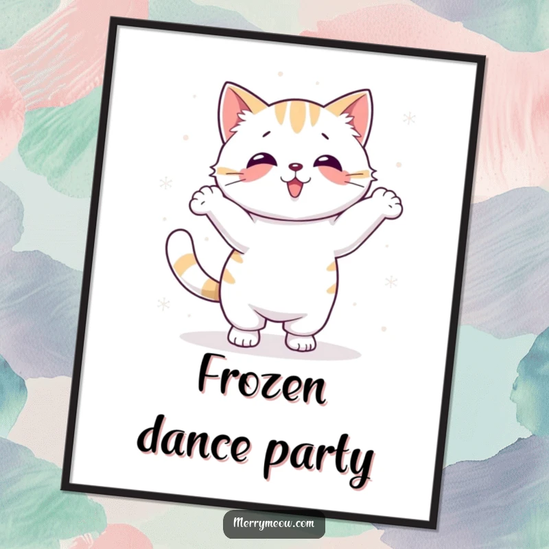 Funny Kawaii Cat Digital Art Print of a cute cat performing a silly dance surrounded by snowflakes, lively and fun.