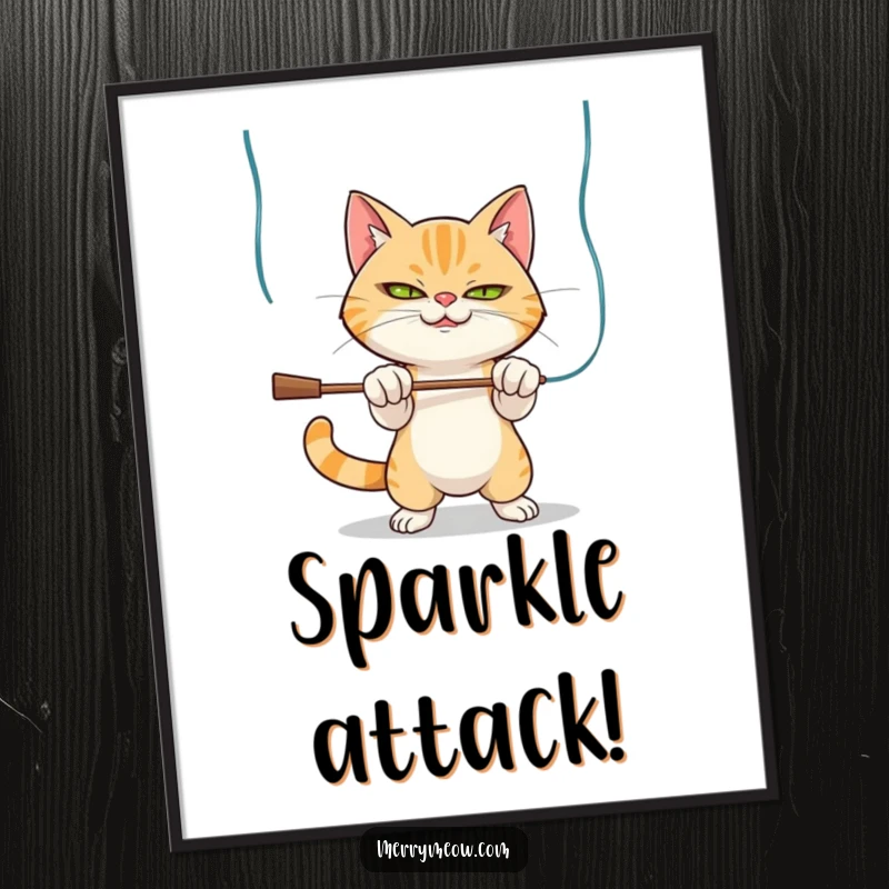 Funny Digital Art Print: Mischievous cat batting at tinsel, radiating holiday playfulness.