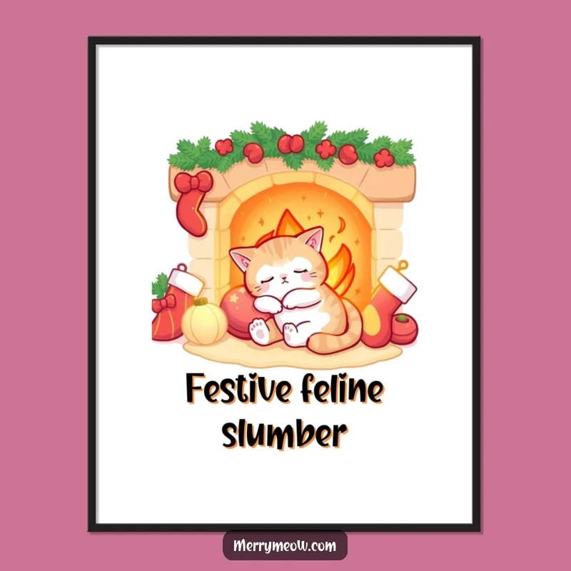 Funny Sleepy Cat Fireplace Digital Art: Instant Cozy Holiday Decor!