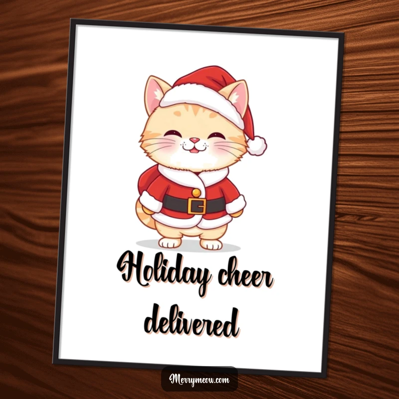 Funny Kawaii Santa Cat Digital Art Print of a cute cat in a Santa suit with a cheeky grin, perfect for online sharing.
