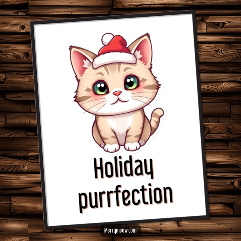 Funny cat character wearing a tiny Santa hat, rendered as charming and festive digital art.