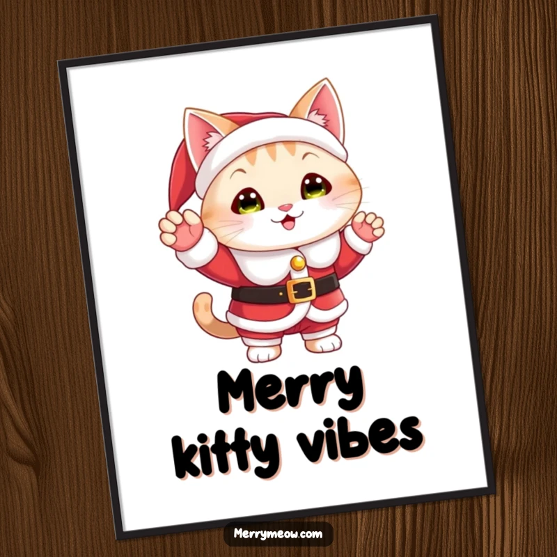 Funny digital art print of a cat dressed as Santa Claus, waving a cheerful holiday greeting, for instant decoration.